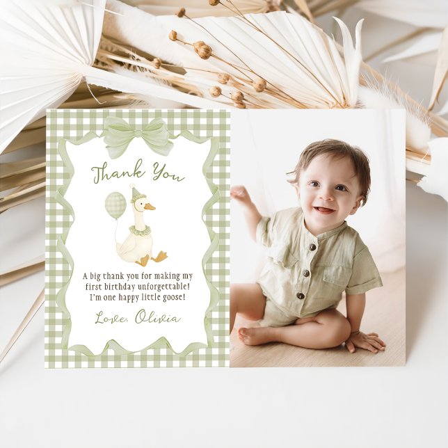 Tarjeta De Agradecimiento Green Gingham Silly Goose Birthday Photo (Subido por el creador)