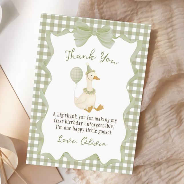 Tarjeta De Agradecimiento Green Gingham Silly Goose Birthday Thank You Card (Subido por el creador)