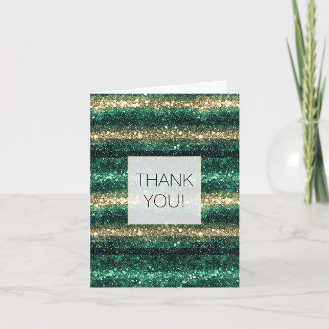 Tarjeta De Agradecimiento Green Glitter Glam Gold Stripes Thank you (Anverso)
