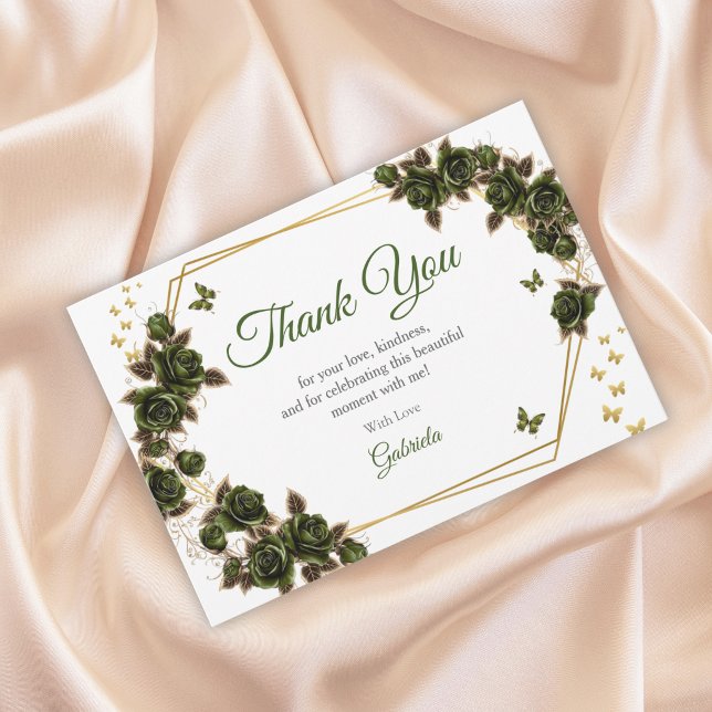 Tarjeta De Agradecimiento Green Golden Tiara Roses Butterfly Quinceañera (Subido por el creador)