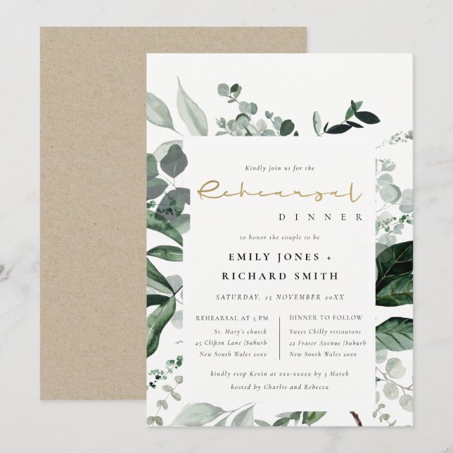 Tarjeta De Agradecimiento Green Leafy Tropical Fauna Rehearsal Dinner Invite (Anverso / Reverso)