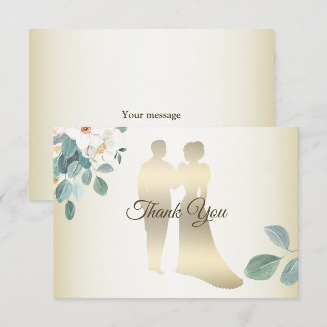 Tarjeta De Agradecimiento Green Leaves Flower Golden Frame Modern Wedding (Anverso / Reverso)
