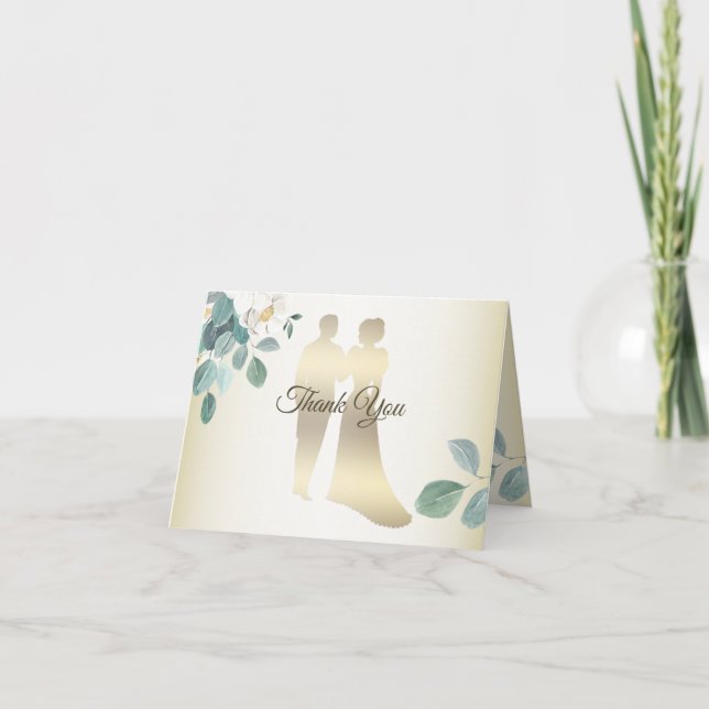 Tarjeta De Agradecimiento Green Leaves Flower Golden Frame Modern Wedding (Anverso)