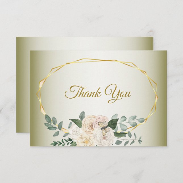 Tarjeta De Agradecimiento Green Leaves Pink Floral Gold Geometric Wedding Th (Anverso / Reverso)