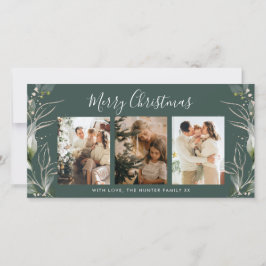 Tarjeta De Agradecimiento Green Merry Christmas Modern 3 Photo Holiday Card