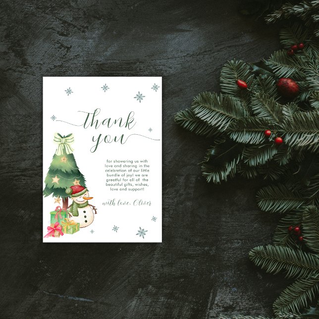 Tarjeta De Agradecimiento Green Modern Winter Snowman Baby Shower (Green Modern Winter Snowman Baby Shower Thank You Card)
