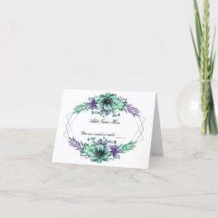 Tarjeta De Agradecimiento Green Purple Watercolor Floral Table Place Card