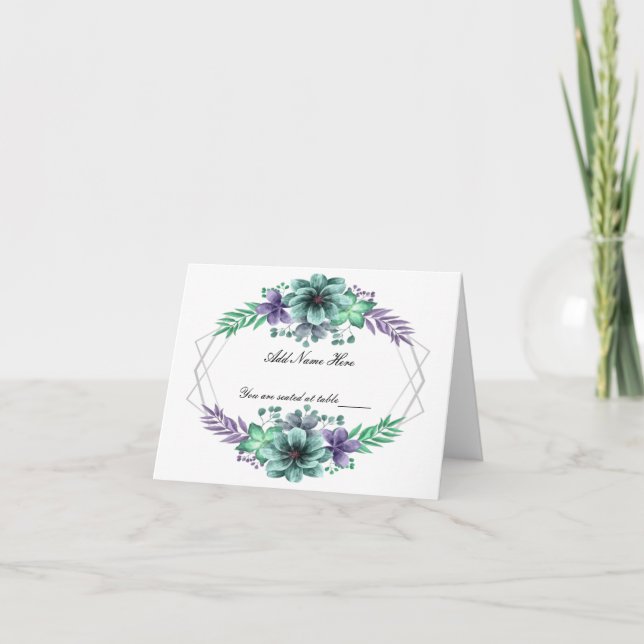Tarjeta De Agradecimiento Green Purple Watercolor Floral Table Place Card (Anverso)