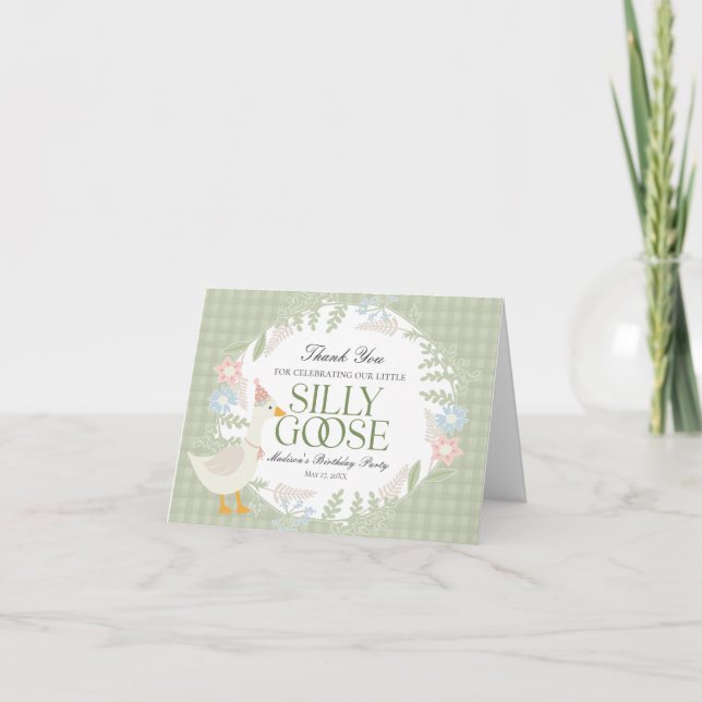 Tarjeta De Agradecimiento Green Silly Goose Floral Gingham Birthday (Anverso)