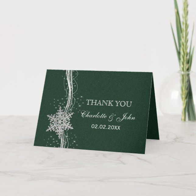 Tarjeta De Agradecimiento green Silver Snowflakes Wind Wedding Gracias (Anverso)