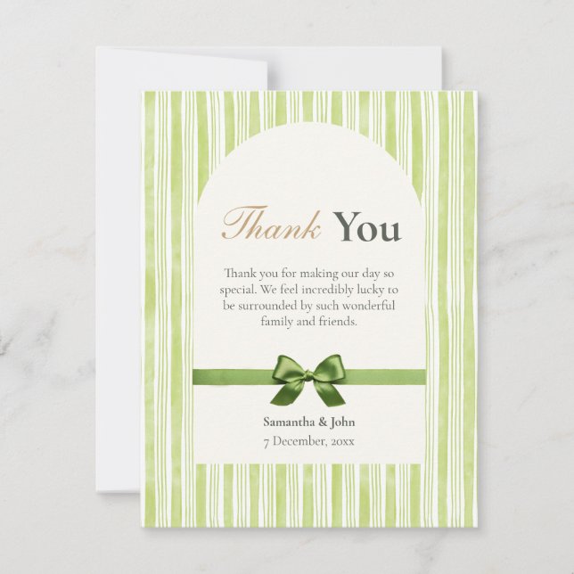 Tarjeta De Agradecimiento Green Stripe Modern Photo Wedding (Anverso)