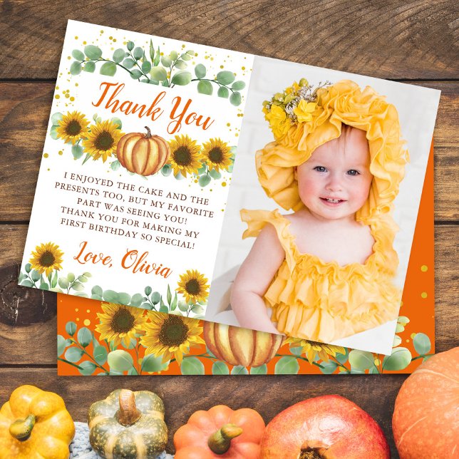 Tarjeta De Agradecimiento Green Sunflowers Pumpkin Primer cumpleaños Foto (Subido por el creador)