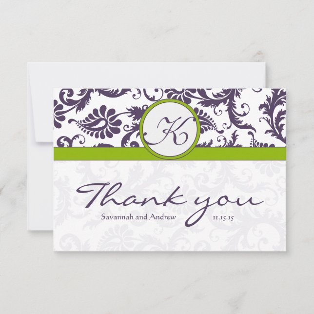 Tarjeta De Agradecimiento Green Ultra Violet Purple Damask Wedding Gracias (Anverso)