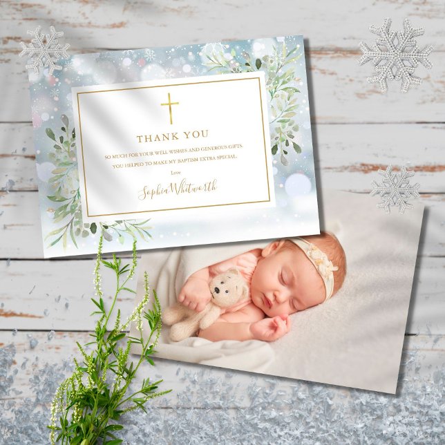 Tarjeta De Agradecimiento Green Winter Baptism Christening Photo (Subido por el creador)