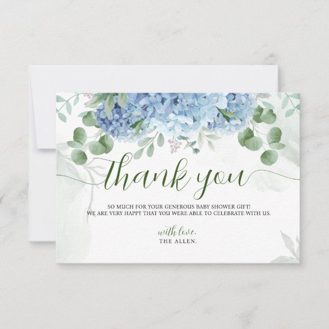 Tarjeta De Agradecimiento Greeneration Blue hidrangea Gracias Baby Shower (Anverso)