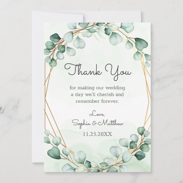 Tarjeta De Agradecimiento Greeneration Eucalyptus Gold Frame Geometric Boda (Anverso)