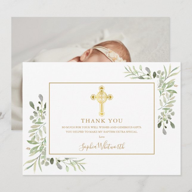 Tarjeta De Agradecimiento Greeneration Gold Cross Baptism Christening Photo (Anverso / Reverso)