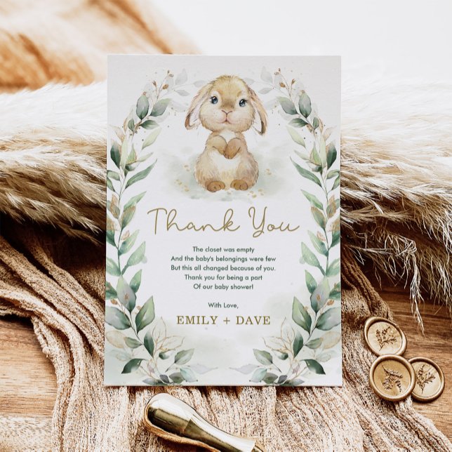 Tarjeta De Agradecimiento Greenery Bunny Rabbit Neutral Baby Shower (Subido por el creador)