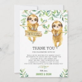 Tarjeta De Agradecimiento Greenery Cute Sloth Baby Shower Twin Boys
