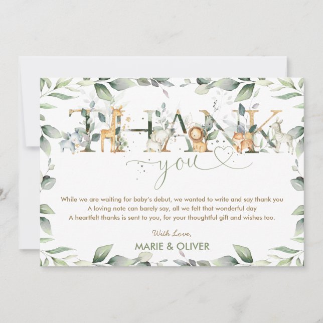 Tarjeta De Agradecimiento Greenery Jungle Animals Baby Shower Cumpleaños (Anverso)