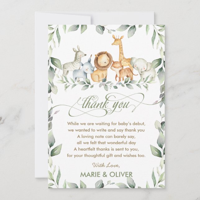 Tarjeta De Agradecimiento Greenery Jungle Animals Baby Shower Cumpleaños (Anverso)
