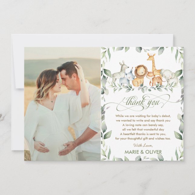 Tarjeta De Agradecimiento Greenery Jungle Animals foto de cumpleaños de Baby (Anverso)