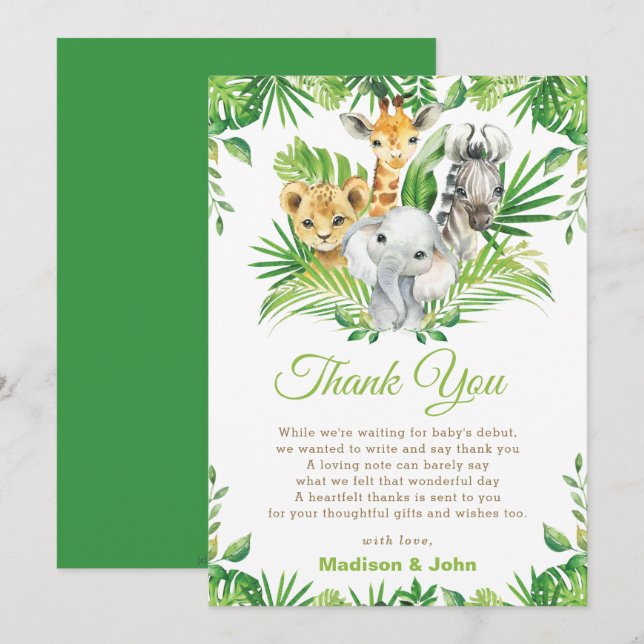 Tarjeta De Agradecimiento Greenery Jungle Animals Género Neutral Baby Shower (Anverso / Reverso)