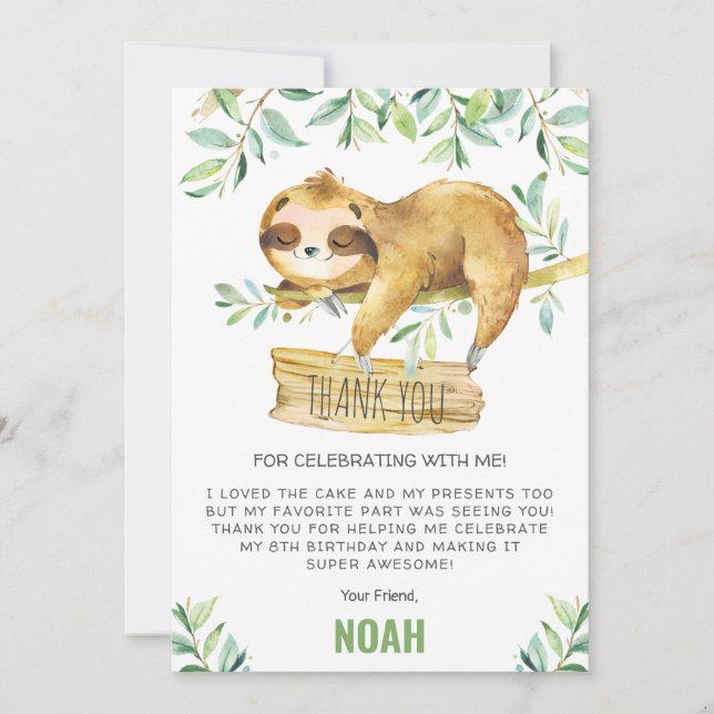Tarjeta De Agradecimiento Greenery Sloth Sleepover Slumber Pajama Cumpleaños (Anverso)