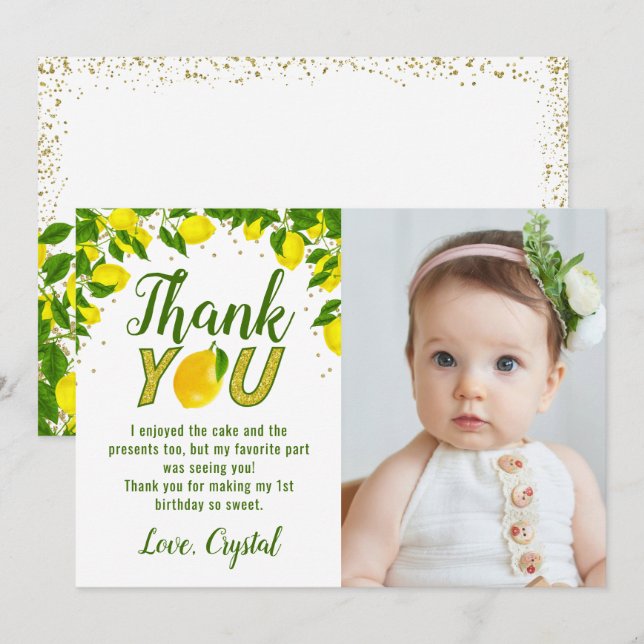 Tarjeta De Agradecimiento Greenery Sweet Lemon Gold Purpurina de cumpleaños  (Anverso / Reverso)