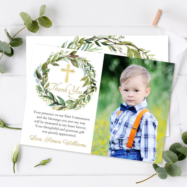 Tarjeta De Agradecimiento Greenery Wreath First Communion Thank you Card (Subido por el creador)