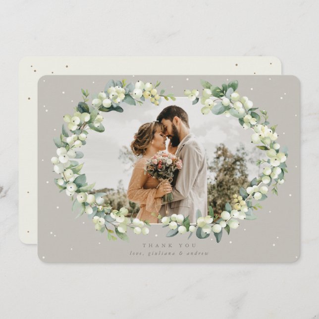 Tarjeta De Agradecimiento Greige/Crema Snowberry+Eucalipto Foto de Boda (Anverso / Reverso)