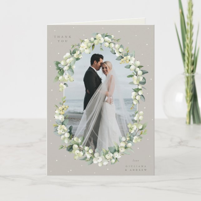 Tarjeta De Agradecimiento Greige Snowberry+Eucalyptus Boda foto doblada (Anverso)