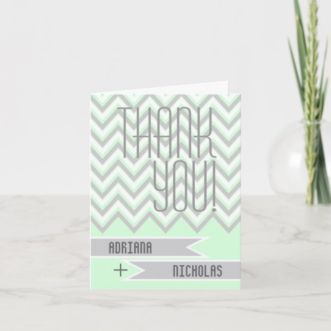 Tarjeta De Agradecimiento Gris chevron moderno, boda verde menta Gracias (Anverso)