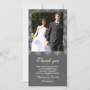 Tarjeta De Agradecimiento Gris + copos de nieve blancos boda gracias foto