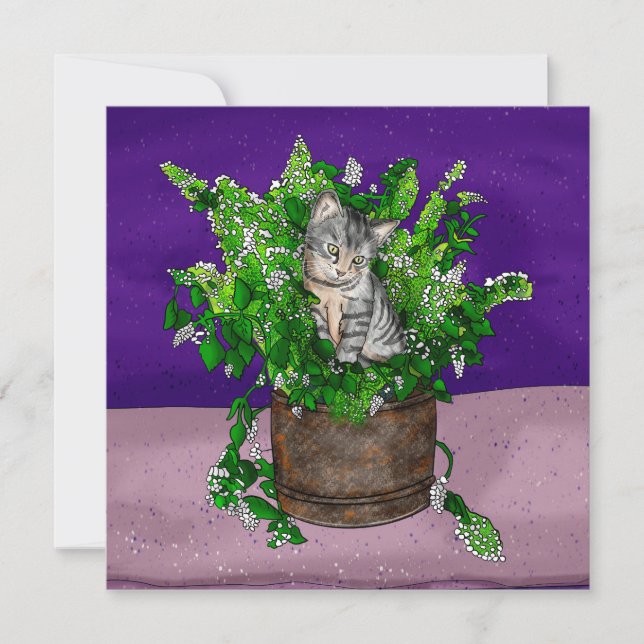Tarjeta De Agradecimiento Gris Gatito en el cubo de la basura (Anverso)