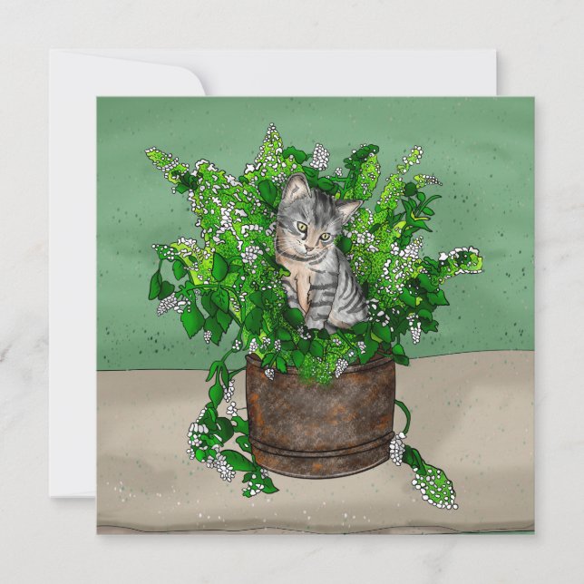 Tarjeta De Agradecimiento Gris Gatito en el cubo de la basura (Anverso)