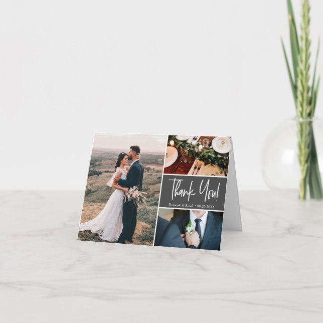 Tarjeta De Agradecimiento Gris Mod Boda Personalizado Fotos Maneteo (Anverso)
