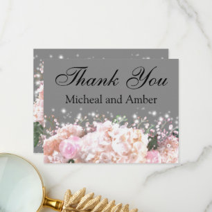 Tarjeta De Agradecimiento Gris romántico e hidrángulos de encaje blanco rosa
