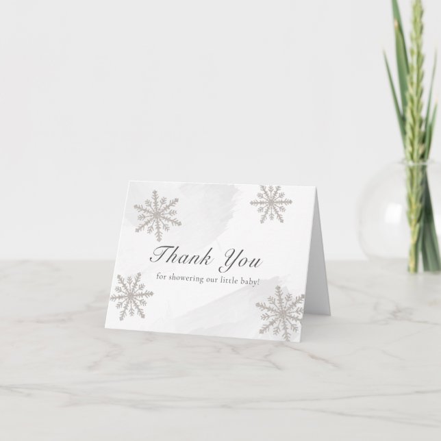Tarjeta De Agradecimiento Gris Watercolor Plata Snowflakes Baby Shower (Anverso)