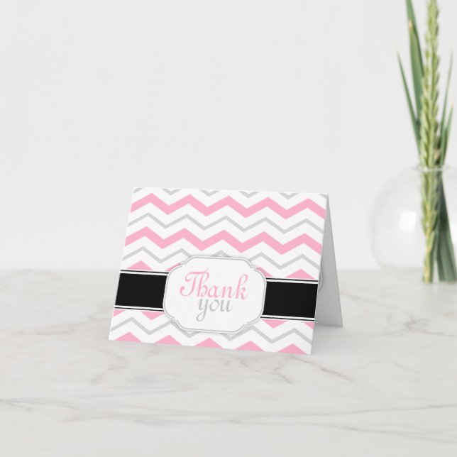 Tarjeta De Agradecimiento Gris y Rosa Chevron Trendy Gracias Cartas (Anverso)
