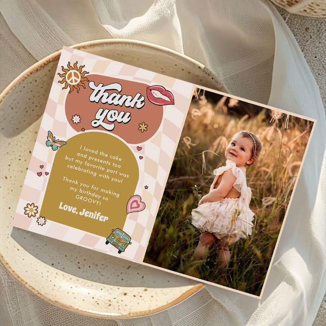 Tarjeta De Agradecimiento Groovy Daisy Retro Fiesta del primer cumpleaños fo (Subido por el creador)