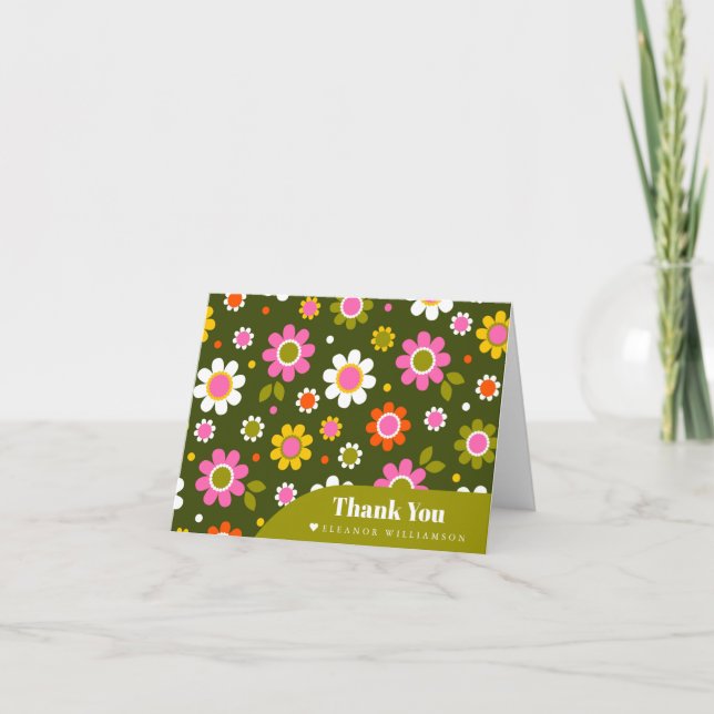 Tarjeta De Agradecimiento Groovy Retro Flowers Olive Bridal Shower Personali (Anverso)