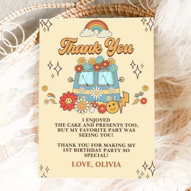 Tarjeta De Agradecimiento Groovy Retro Rainbow Primera fiesta de cumpleaños (Subido por el creador)