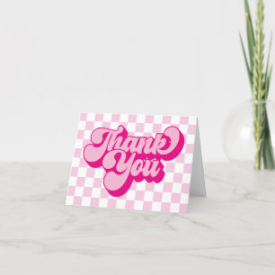 Tarjeta De Agradecimiento Groovy Retro Rosa y Blanco Cuadros 1er Cumpleaños