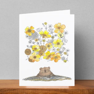 Tarjeta De Agradecimiento Groundhog y Buttercups Cute color de agua en blanc