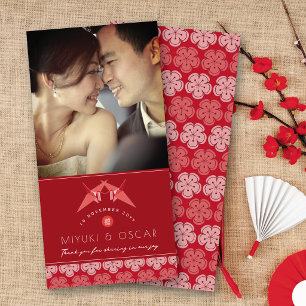 Tarjeta De Agradecimiento Grullas de papel rojas y foto de boda asiática Sak