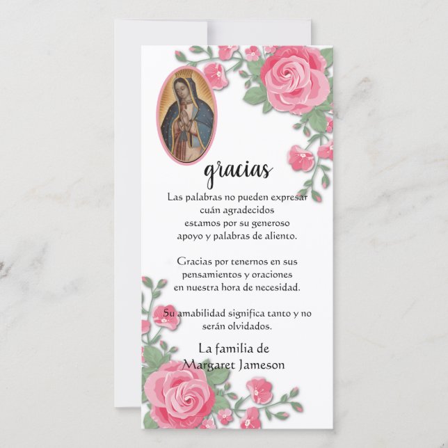 Tarjeta De Agradecimiento Guadalupe Virgen María Condolencia Funeral Español (Anverso)
