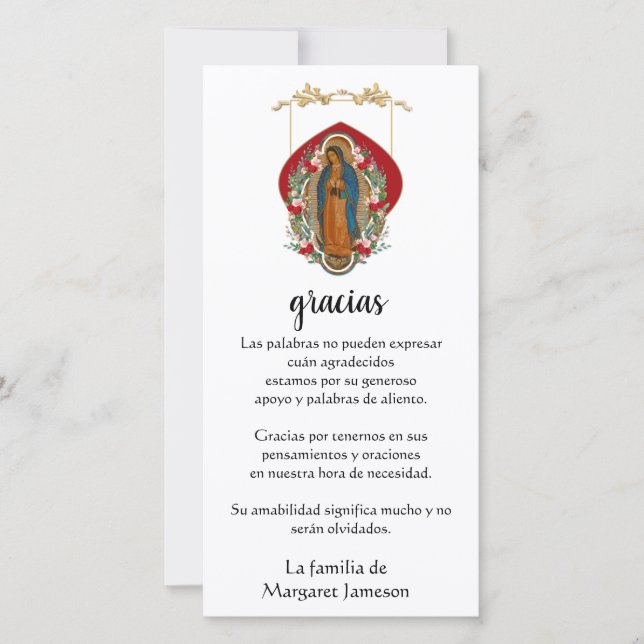 Tarjeta De Agradecimiento Guadalupe Virgen María Condolencia Funeral Español (Anverso)