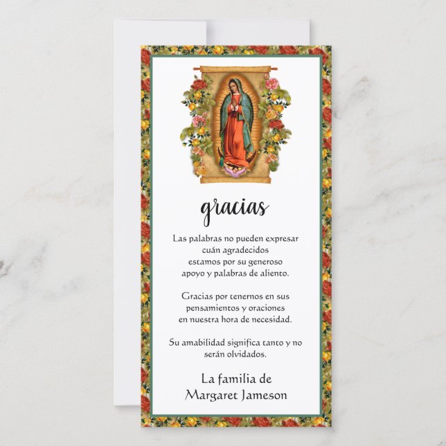 Tarjeta De Agradecimiento Guadalupe Virgen María Condolencia Funeral Español (Anverso)