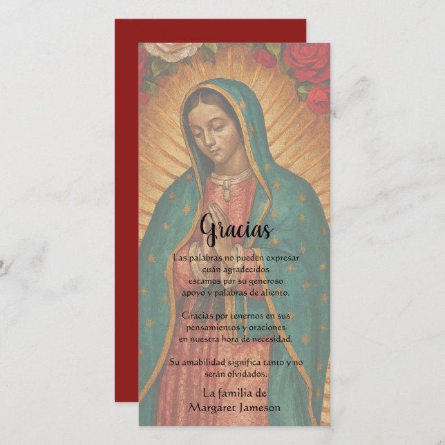 Tarjeta De Agradecimiento Guadalupe Virgin Mary Funeral Condolence Spanish (Anverso / Reverso)